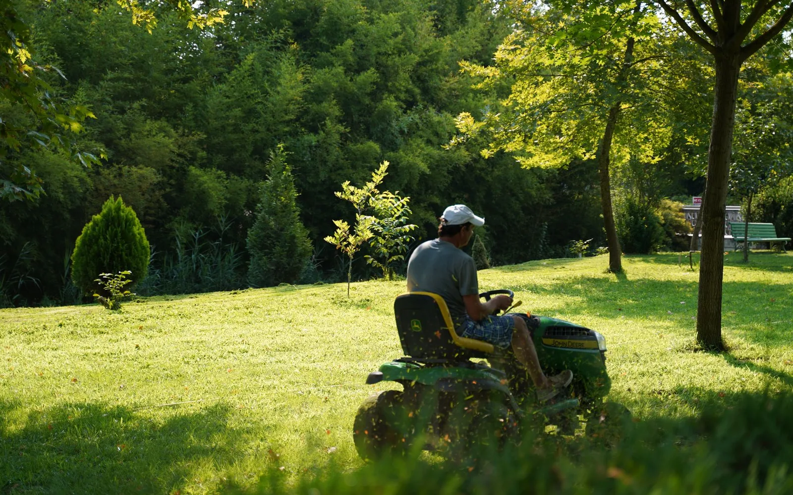 Worker mowing a lawn
