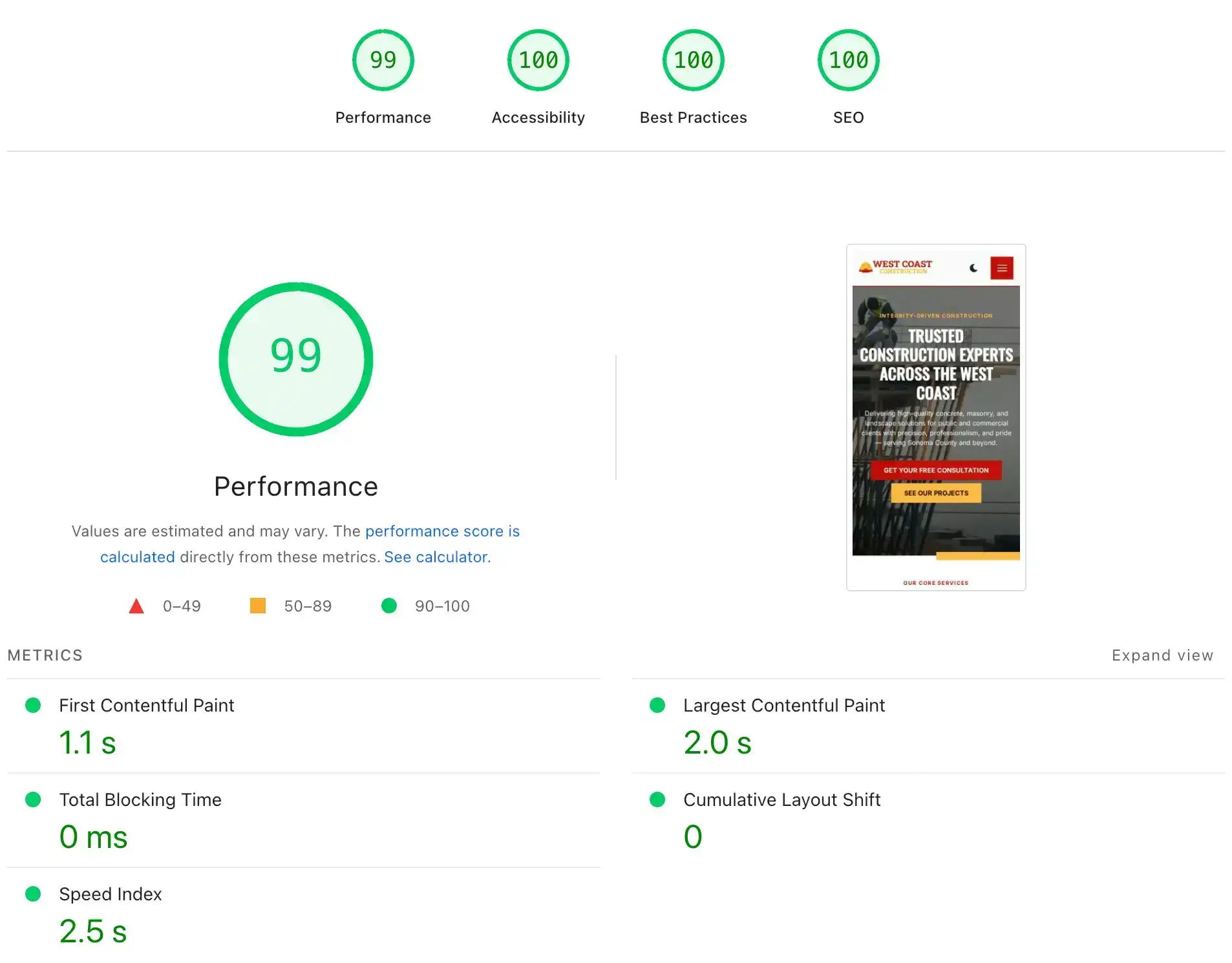 Saved Google PageSpeed report for West Coast Construction: performance 99, accessibility 100, best practices 100, SEO 100